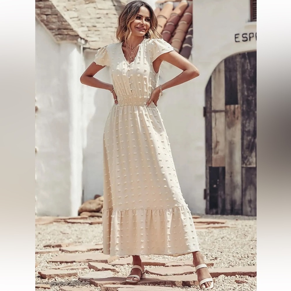 PRETTYGARDEN Women's Boho Dress Short Sleeve V Neck Swiss Dot Ruffle Tiered Maxi